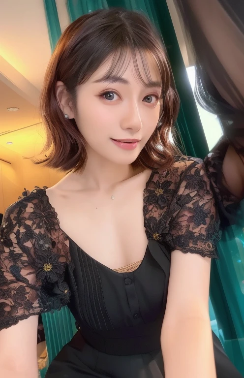 a close up of a woman in a black dress posing for a picture, 奈良美智, With short hair, sakimichan, chiho, dilraba dilmurat, sakimichan, Selfie in 8K, cute - fine - face, Middle Metaverse, 8K)),hair is brown