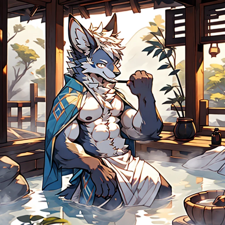 male people，Canine ears，shaggy，Off-white hair，Thin bath towel，Inside the hot spring shop，steamy，solo person