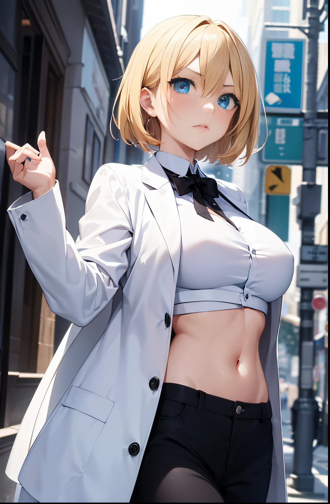 2D Anime Style、hight resolution,Blue eyes、Beautiful shining eyes, (Talented lo-fi:1.3),breasts are slightly larger、high and beautiful nose,Beautiful face with slender contours,Very angry blonde short hair adult woman......................、,Fashion that shows off your stomach, he is wearing a white shirt and black pants、and is wearing a long black coat。。。。。。..,walking down the streets of america,