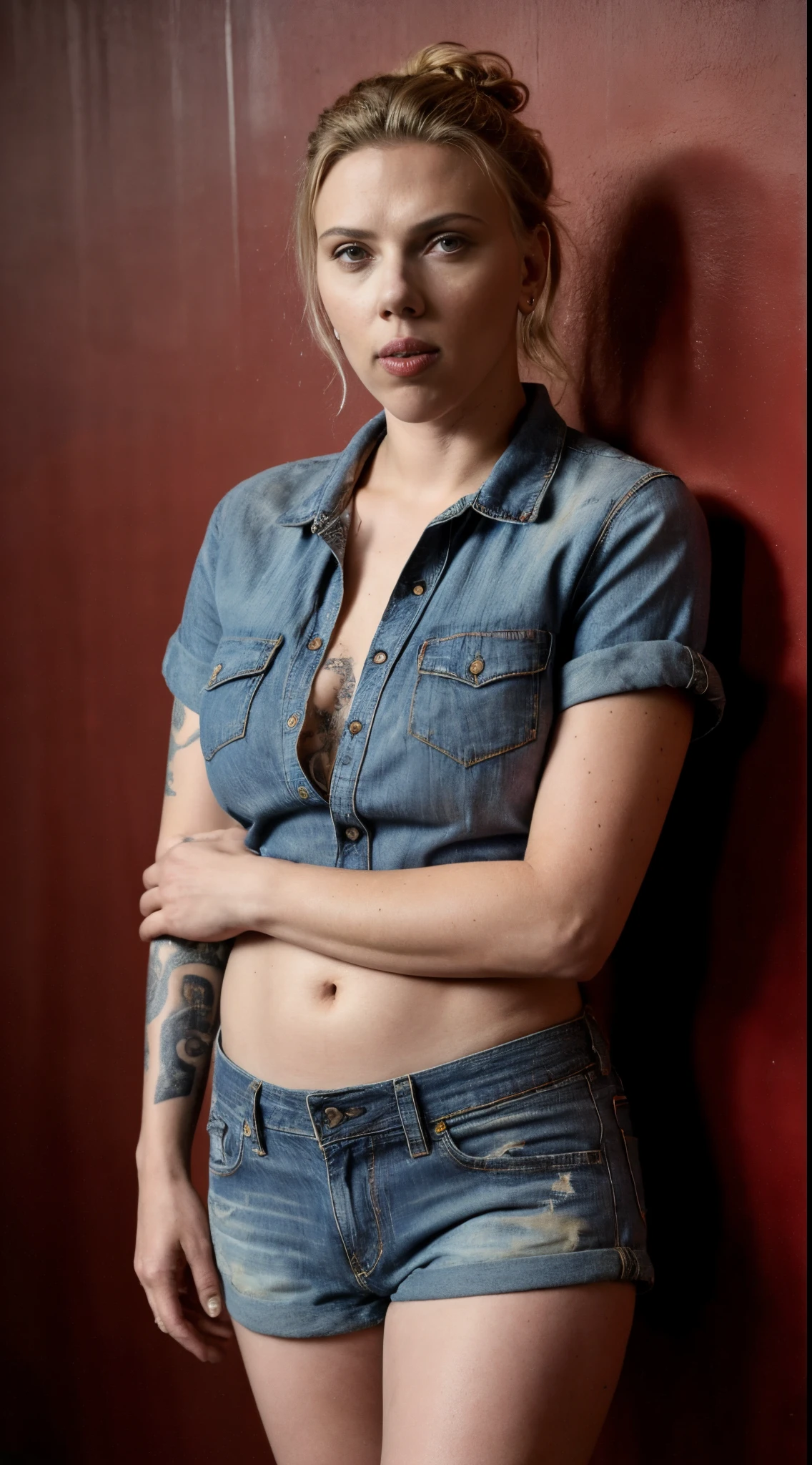 A heterosexual blonde girl with pixi short hair and big breasts and tattoos on arms and chest very feminine, full figure sits with her arms crossed standing blue jeans knee high boots wearing crop top, taking a realistic photo