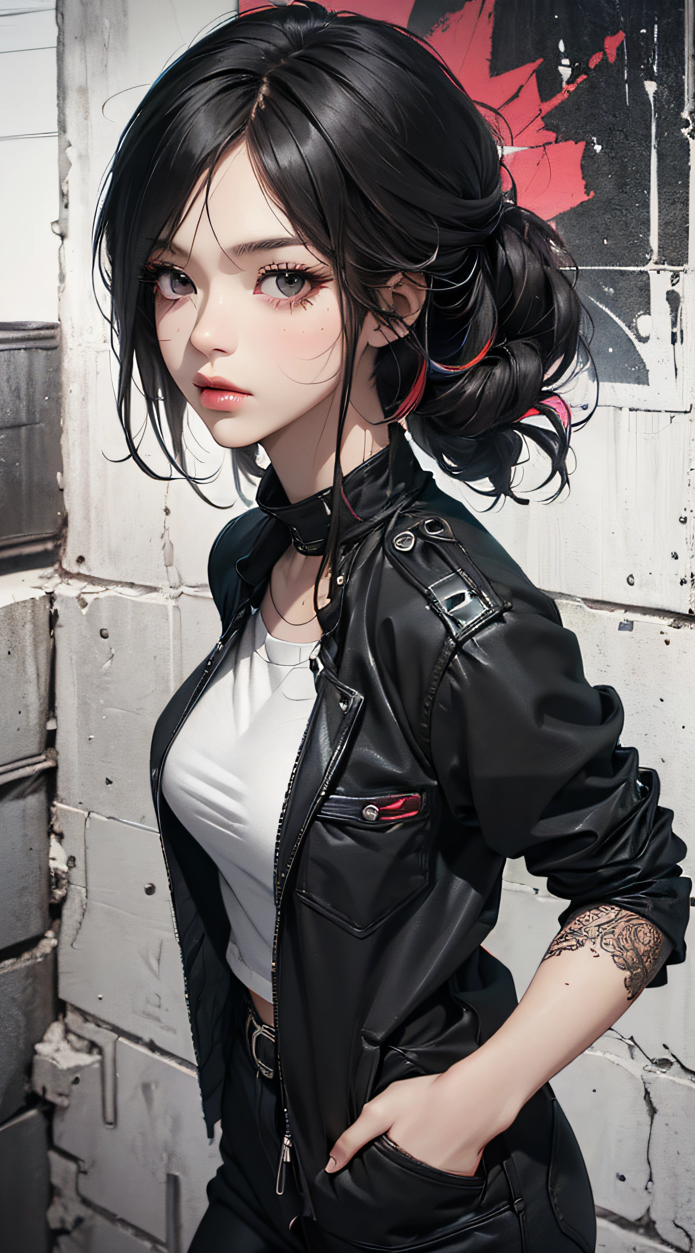 ((8k wallpaper of extremely detailed CG unit, ​masterpiece, hight resolution, top-quality, masutepiece)), ((a very beautiful woman, Hands in pockets:1.8, Grunge Fashion:1.2)), ((extra detailed face, Highly detailed black eyes, Contrasting eyes, extra detailed body, Top quality real texture skins:1.2)), (A dark-haired, length hair, de pele branca), ((Colorful wall)), (high-angle:1.1), hyper realisitic, digitial painting,