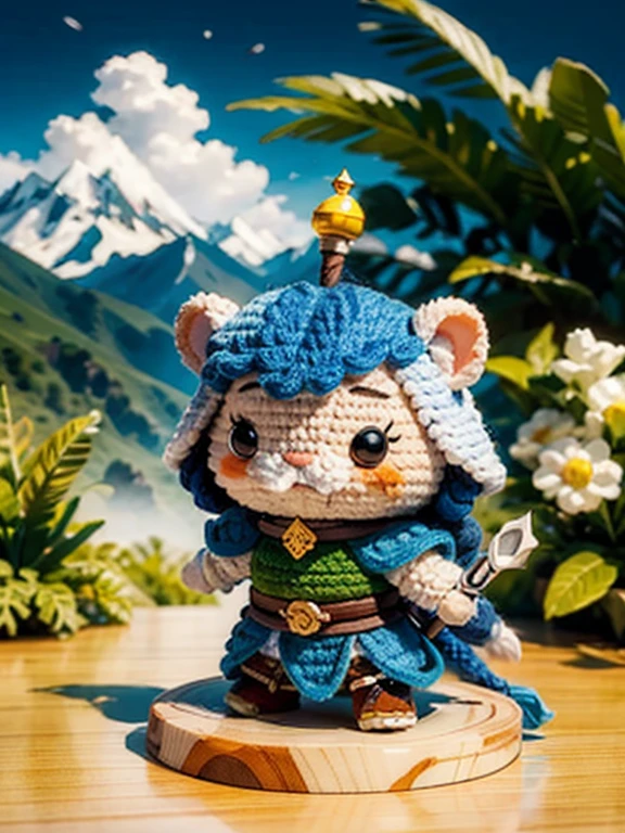 ZhenXian\(wanou\), a cute hamster illustration, brave warrior, medieval style, 3d animation, mountains on the background, Blurry background, Rpg game
