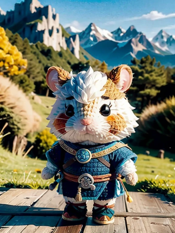 ZhenXian\(wanou\), a cute hamster illustration, brave warrior, medieval style, 3d animation, mountains on the background, Blurry background, Rpg game