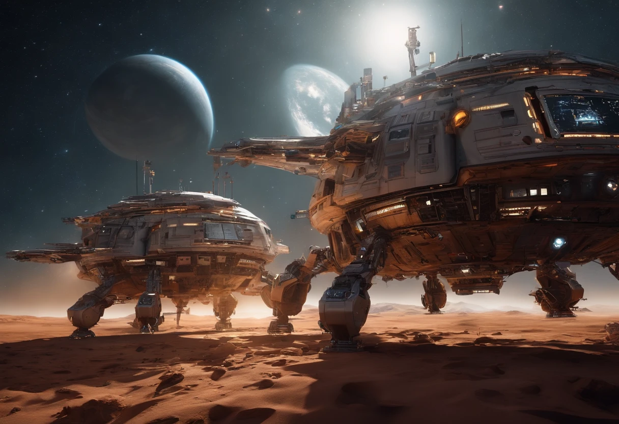 Best quality, , 超高分辨率, (Realistic photography:1.4), Many robots and astronauts are repairing a broken spaceship in space not far from the sun,