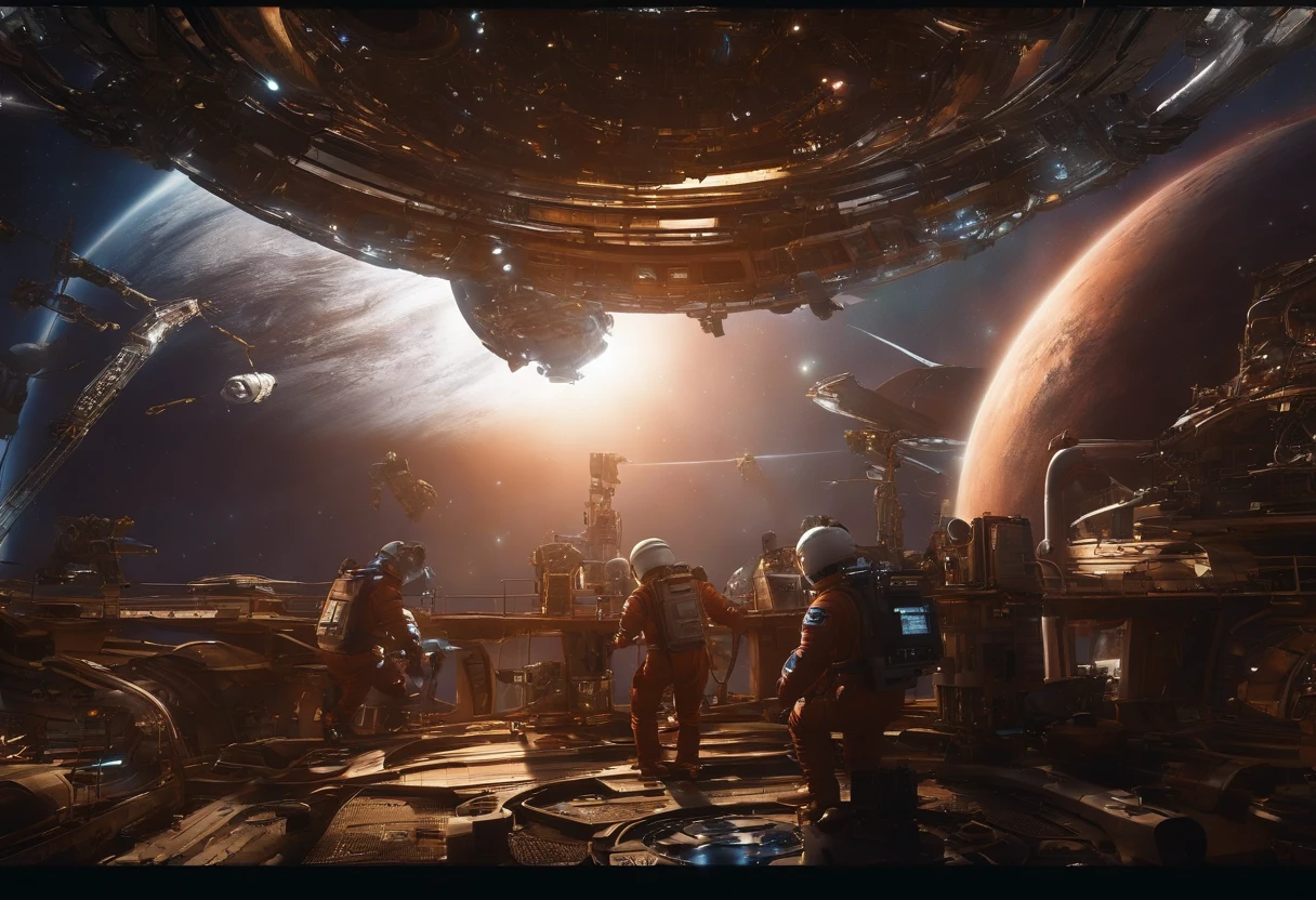 Best quality, , 超高分辨率, (Realistic photography:1.4), Many robots and astronauts are repairing a broken spaceship in space not far from the sun,