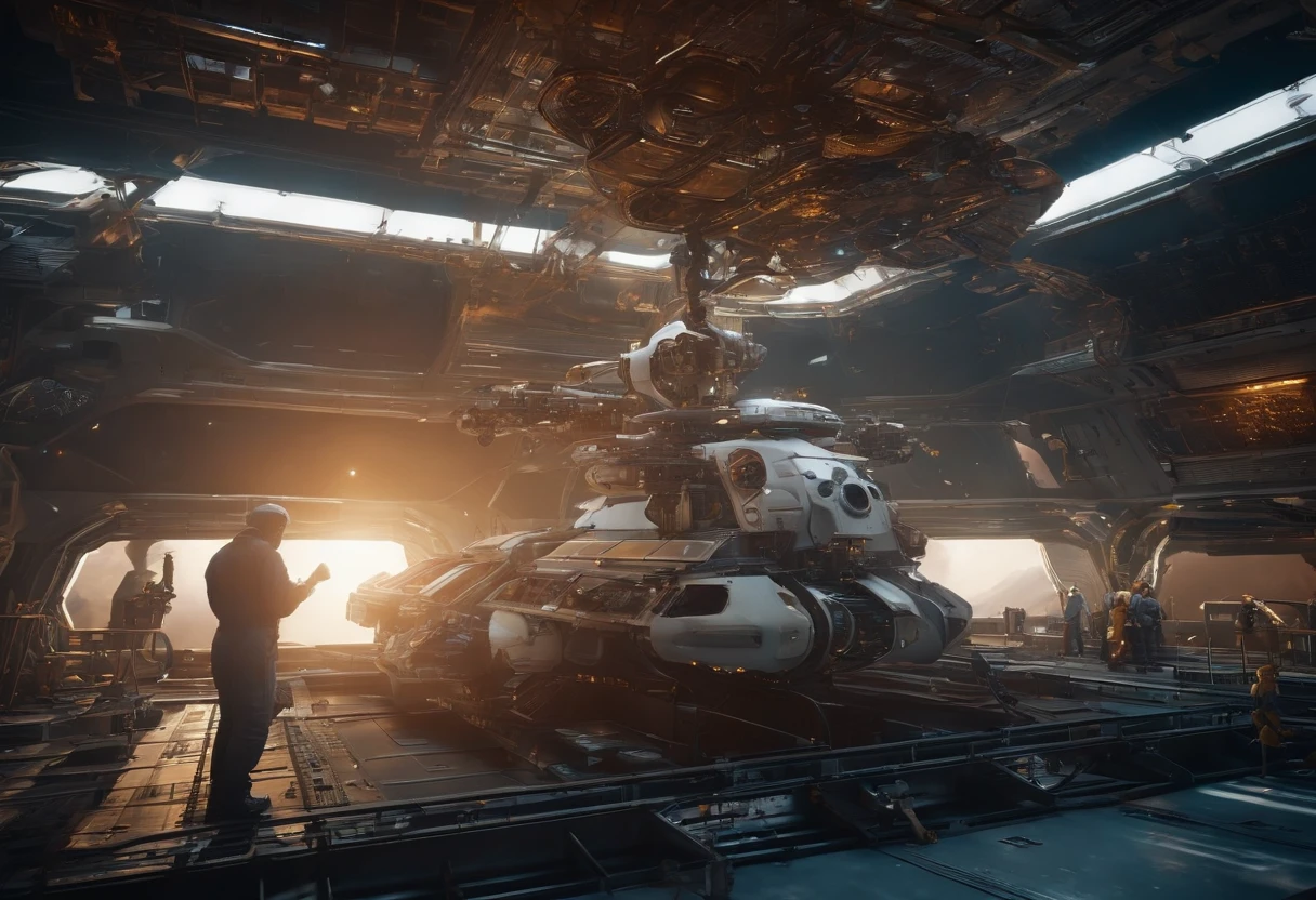 Best quality, , 超高分辨率, (Realistic photography:1.4), Many robots and astronauts are repairing a broken spaceship in space not far from the sun,