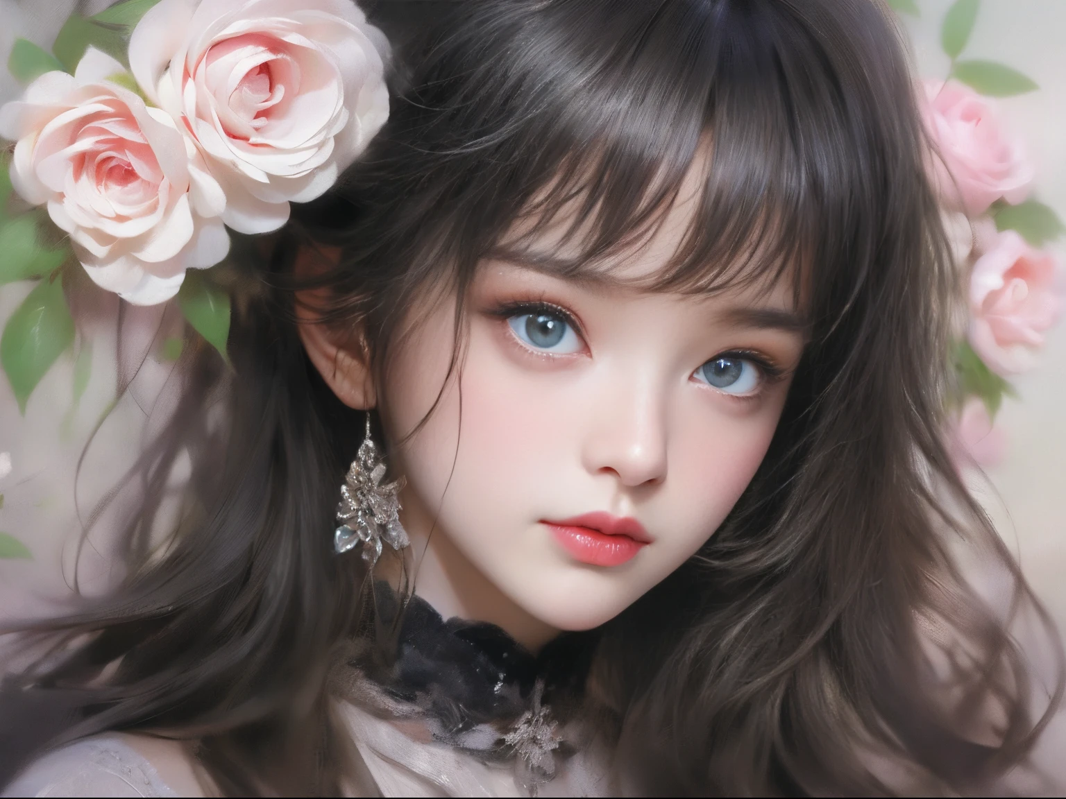 ladies and bouquet,Portrait close-up,She looked at me with very beautiful and kind eyes.Detailed Schneider pastel inks, Soft and wonderful, Fluffy, (Extremely Delicately Beautiful), (perfect detail)、(pastel colour),Soft texture:1.2.(On the table, Best quality at best), (Delicate and beautiful eyes), (dark bright eyes),(Detailed eyes and detailed face),(Black silky hair), (Black hair like a spring),The color is also significantly brighter.Pale blurry silhouette,surrounded by lots of flowers