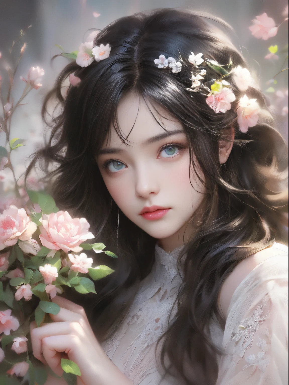 ladies and bouquet,Portrait close-up,She looked at me with very beautiful and kind eyes.Detailed Schneider pastel inks, Soft and wonderful, Fluffy, (Extremely Delicately Beautiful), (perfect detail)、(pastel colour),Soft texture:1.2.(On the table, Best quality at best), (Delicate and beautiful eyes), (dark bright eyes),(Detailed eyes and detailed face),(Black silky hair), (Black hair like a spring),The color is also significantly brighter.Pale blurry silhouette,surrounded by lots of flowers