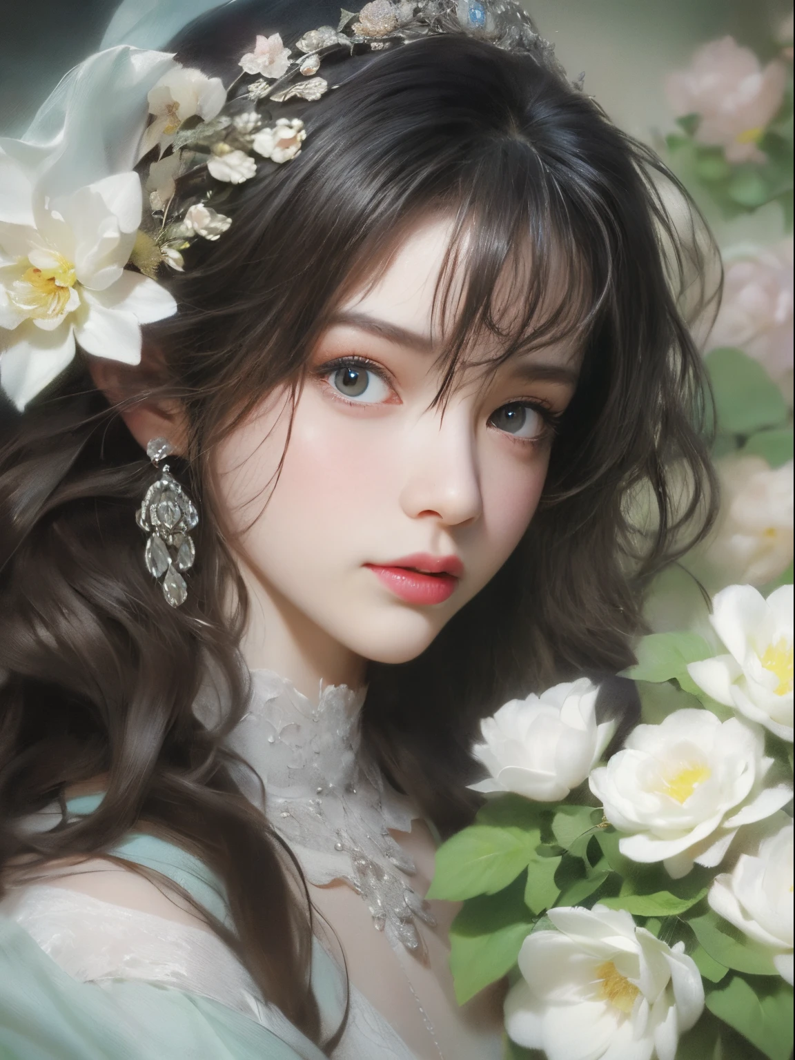 ladies and bouquet，Portrait close-up，She looked at me with very beautiful and kind eyes.Detailed Schneider pastel inks, Soft and wonderful, Fluffy, (Extremely Delicately Beautiful), (perfect  detail)、(pastel colour),Soft texture:1.2.(On the table, Best quality at best), (Delicate and beautiful eyes), （dark bright eyes），(Detailed eyes and detailed face),（Black silky hair), （Black hair like a spring），The color is also significantly brighter.Pale blurry silhouette，surrounded by lots of flowers