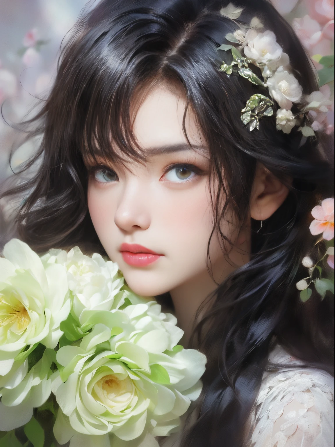 ladies and bouquet,Portrait close-up,She looked at me with very beautiful and kind eyes.Detailed Schneider pastel inks, Soft and wonderful, Fluffy, (Extremely Delicately Beautiful), (perfect detail)、(pastel colour),Soft texture:1.2.(On the table, Best quality at best), (Delicate and beautiful eyes), (dark bright eyes),(Detailed eyes and detailed face),(Black silky hair), (Black hair like a spring),The color is also significantly brighter.Pale blurry silhouette,surrounded by lots of flowers