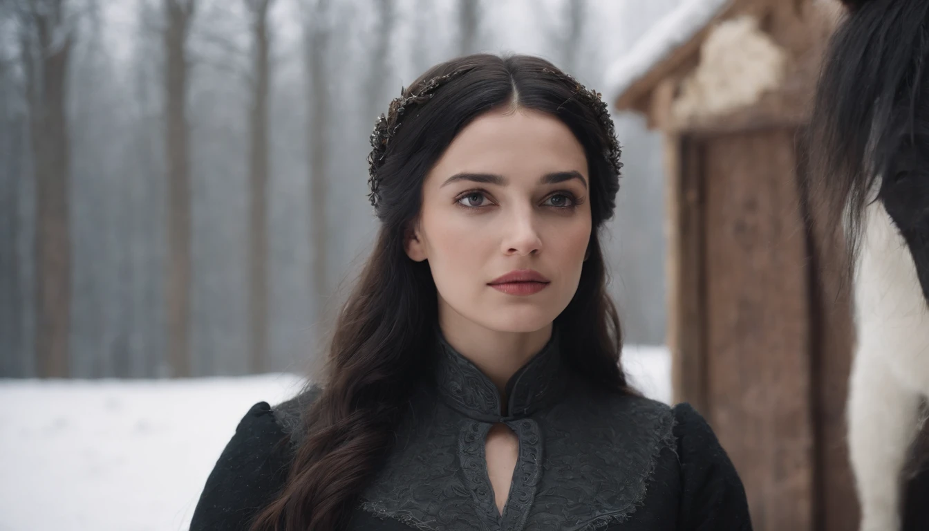 inside the stall of a medieval hungarian horse stables in winter, young medieval woman with black hair and brown eyes, wearing a winter riding gown, snow outside, day, gothic, suspense, 8k, cinematic scene from period film, cinematic, in the style of cinematographer Dion Beebe
