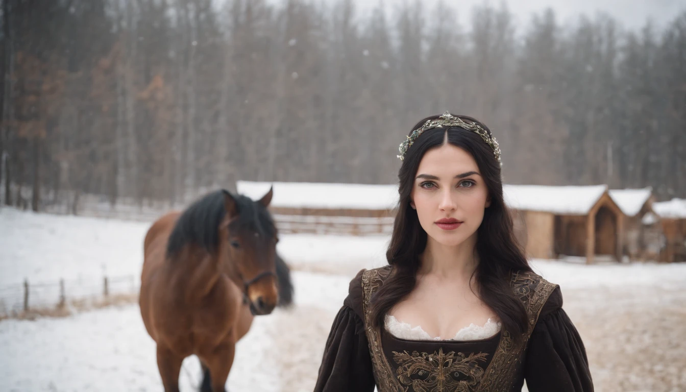 inside the stall of a medieval hungarian horse stables in winter, young medieval woman with black hair and brown eyes, wearing a winter riding gown, snow outside, day, gothic, suspense, 8k, cinematic scene from period film, cinematic, in the style of cinematographer Dion Beebe