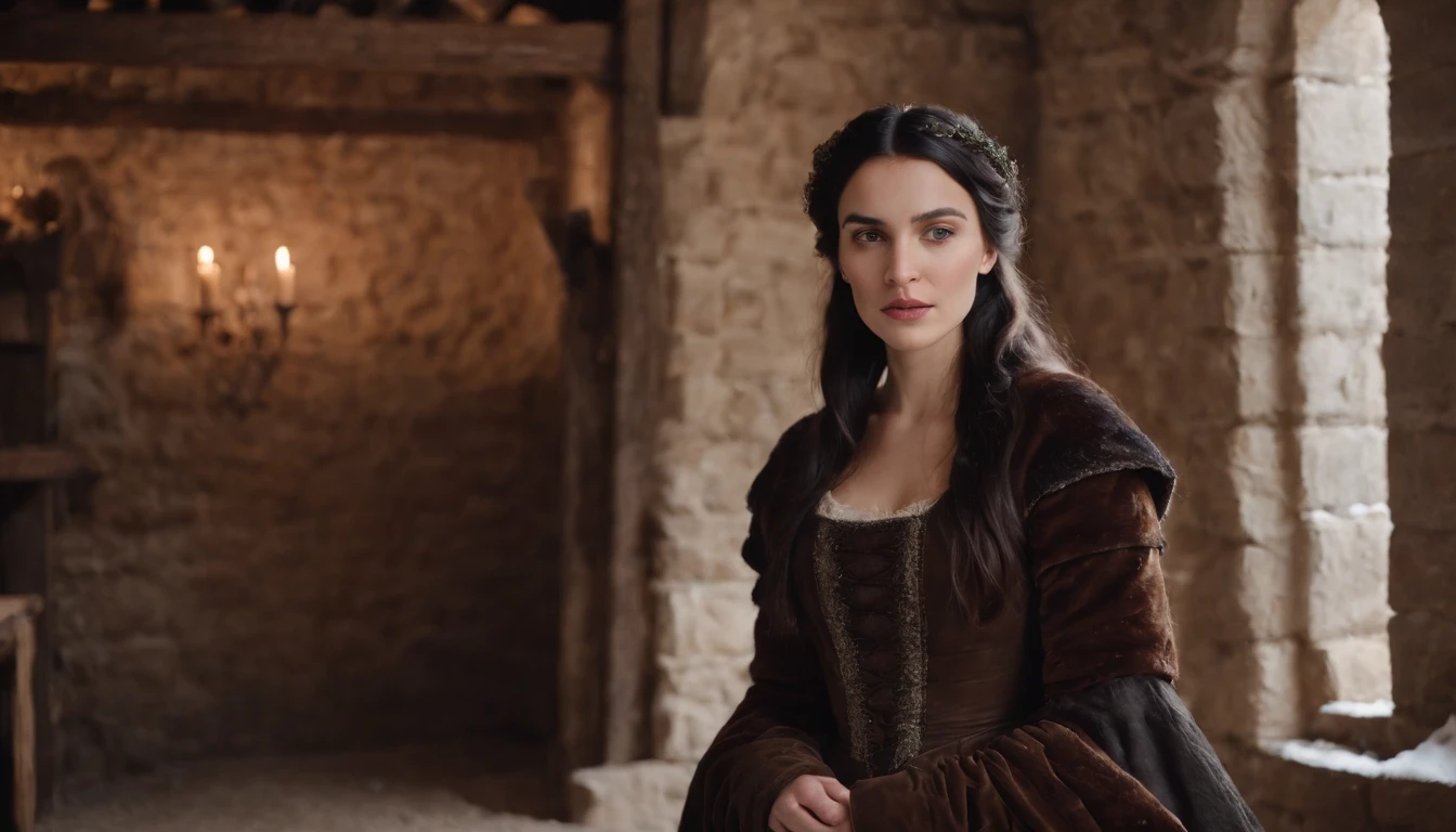 inside the stall of a medieval hungarian horse stables in winter, young medieval woman with black hair and brown eyes, wearing a winter riding gown, snow outside, day, gothic, suspense, 8k, cinematic scene from period film, cinematic, in the style of cinematographer Dion Beebe