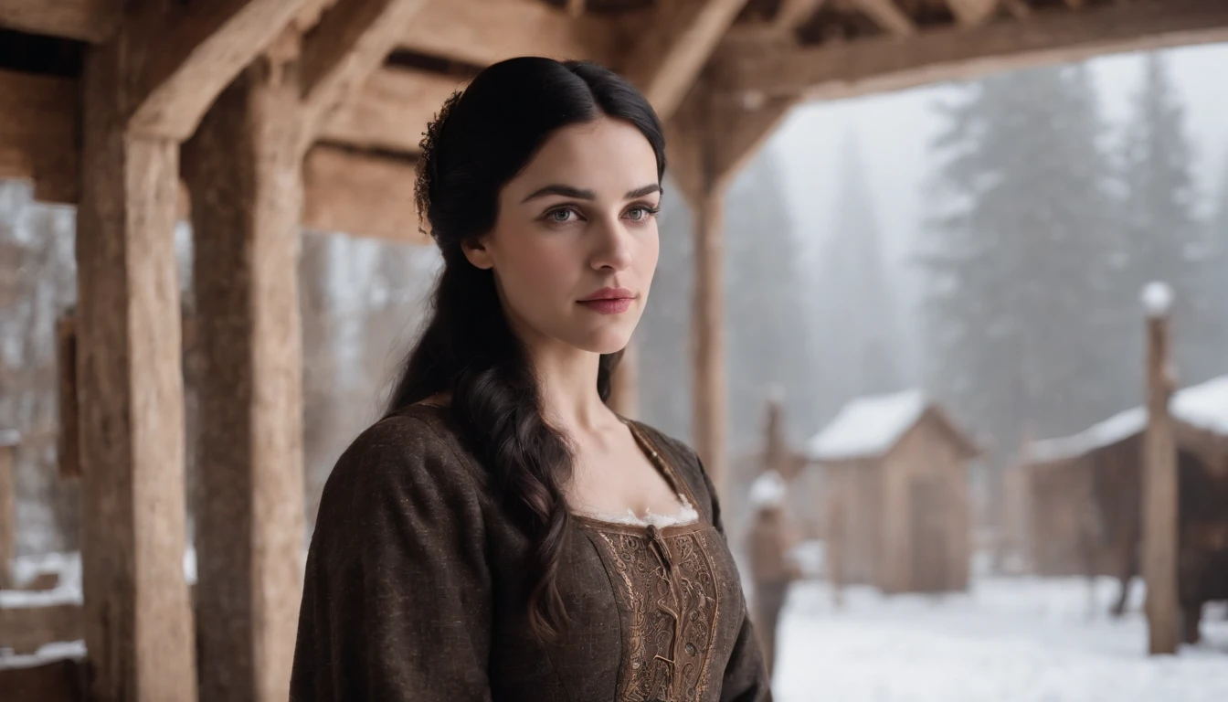 inside the stall of a medieval hungarian horse stables in winter, young medieval woman with black hair and brown eyes, wearing a winter riding gown, snow outside, day, gothic, suspense, 8k, cinematic scene from period film, cinematic, in the style of cinematographer Dion Beebe