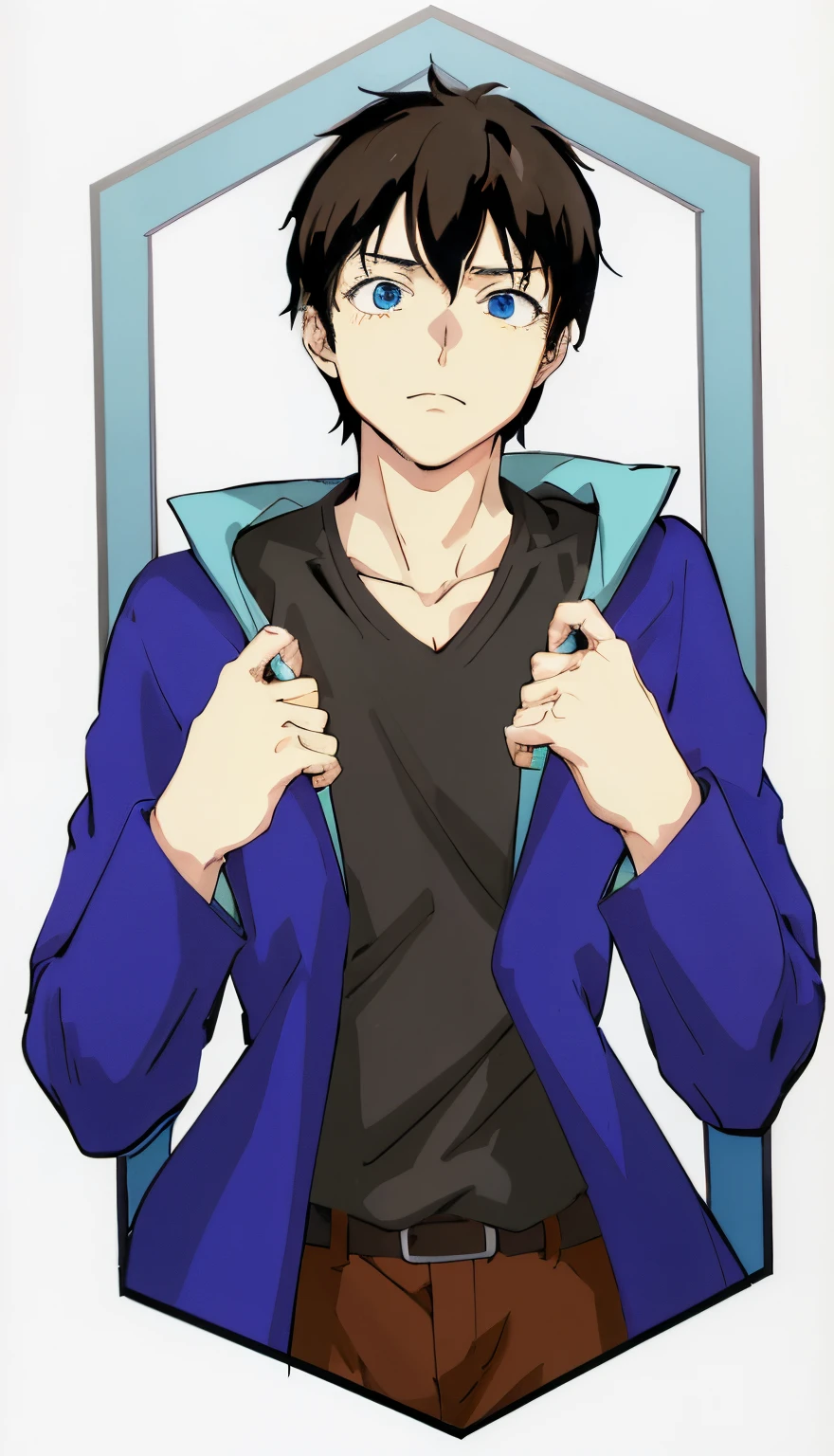 anime guy in a blue jacket and brown pants, tall anime guy with blue eyes, !!full body portrait!!, kentaro miura manga style, young anime man, wearing blue robe, inspired by Sakai Hōitsu, kentaro miura style, full_body!!, wearing a blue robe, kentaro miura manga art style