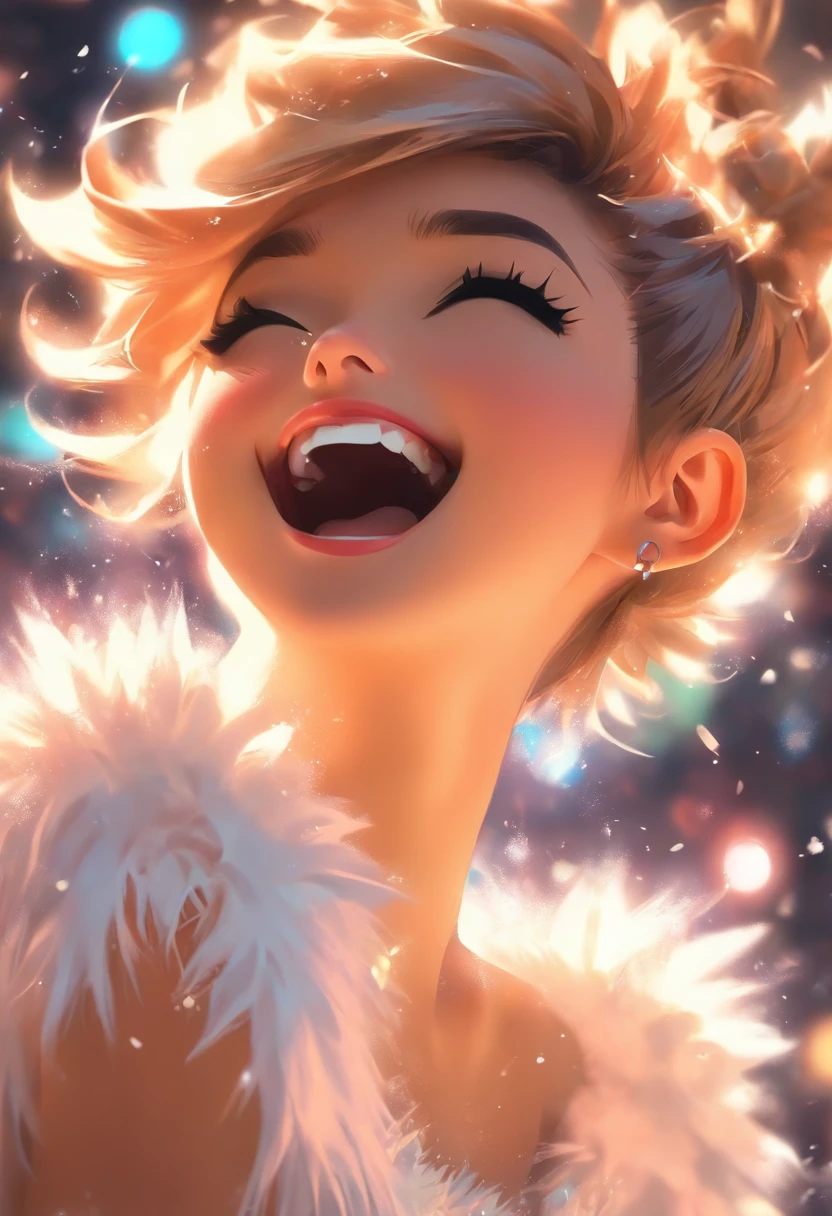 （short-haired woman singing into a microphone：1.5）,（browny short hair：1.5），（magical background：1.3），（ christmas party background：1.5），Dancing snowflakes：1.5，She looks like her&#39;I enjoy，The artwork, singers, singing for you, Very high quality artwork, style digital painting, ross tran 8 k, side profile artwork, high quality digital painting, beautiful artwork, Portrait of Ariana Grande, Vector artwork, Digital Ilustration, vocalist, portlate, Sony FE GM, Anatomically correct, accurate fingers：1.5，Textured skin, high details