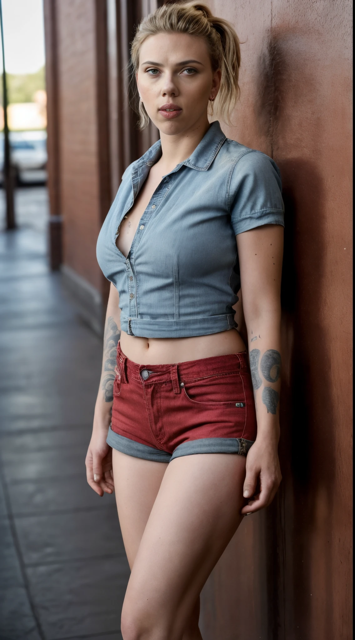 Raw photo, wide angle lens, a girl with long straight red ponytail hair lying on her back below a huge tree, blue eyes, realistic face, wearing a super short denim skirt and an open denim vest with buttons without a bra, tattooed, photo side upper body, masterpiece, intricate details, high quality, high definition, HDR, 8k, uhd, extreme skin detail, golden hour of summer, 35mm, cinematic grain, FujiFilm X T3, ultra realistic,