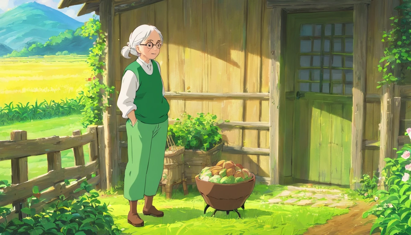 Grandmother，white color hair，Green clothes，Green pants，Inside the farm