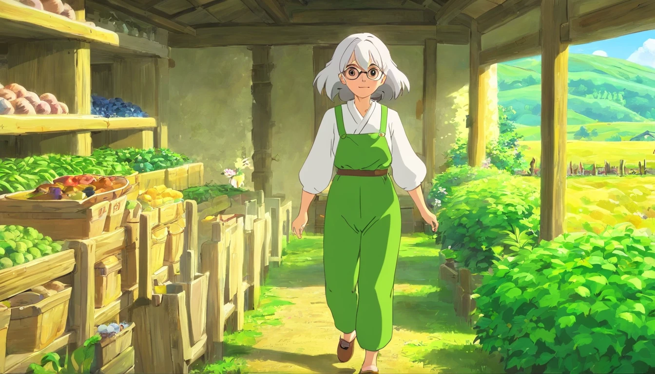 Grandmother,white color hair,Green clothes,Green pants,Inside the farm