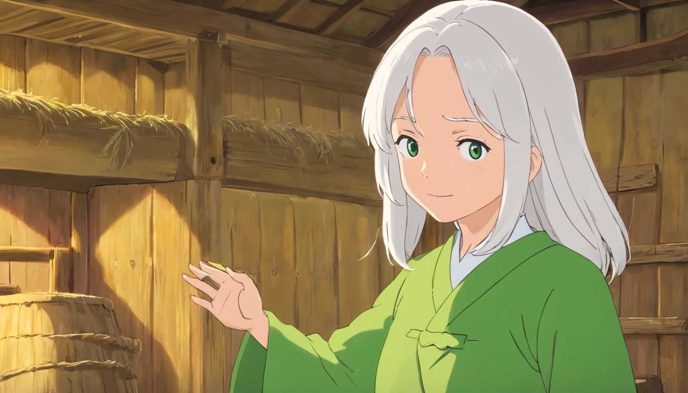 Grandmother,white color hair,Green clothes,Green pants,Inside the farm,Close-up,Only the head,Face