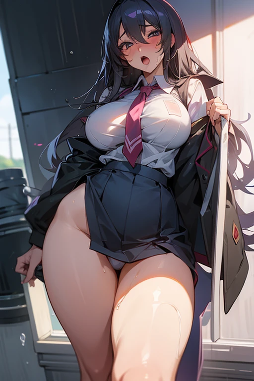 hentai, young anime girl, big breasts, exposed, slutty, school uniform, wet, transparent clothes, thighs, big breasts, big thighs, sexy, close up, moaning, ahegao