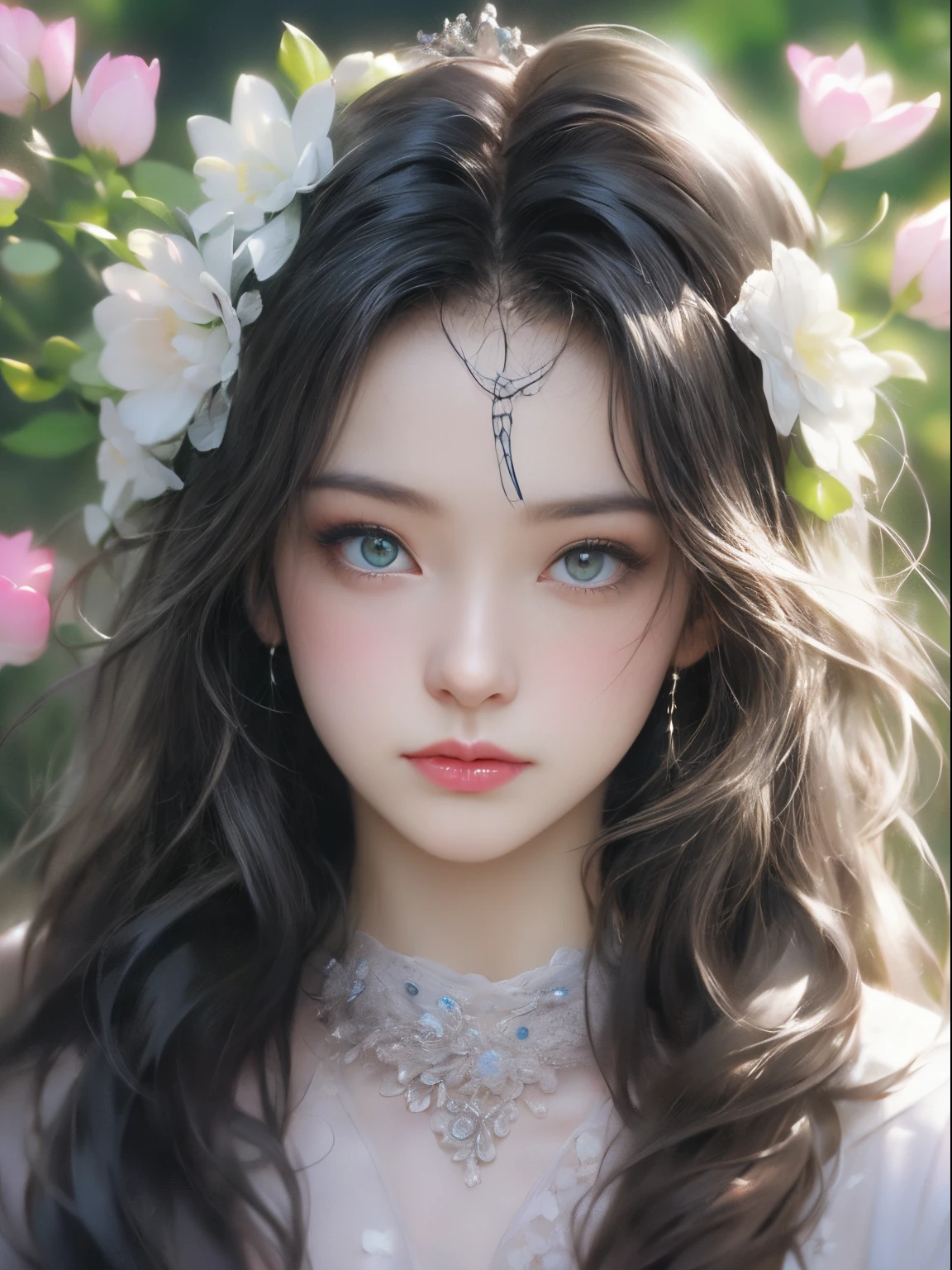ladies and bouquet,Portrait close-up,She looked at me with very beautiful and kind eyes.Detailed Schneider pastel inks, Soft and wonderful, Fluffy, (Extremely Delicately Beautiful), (perfect detail)、(pastel colour),Soft texture:1.2.(On a table, Best quality), (Eyes are delicate and beautiful), (dark bright eyes),(detailed eyes and detailed face),(black silk hair), (Black hair like a spring),The color is also significantly brighter.Pale blurry silhouette,surrounded by many flowers