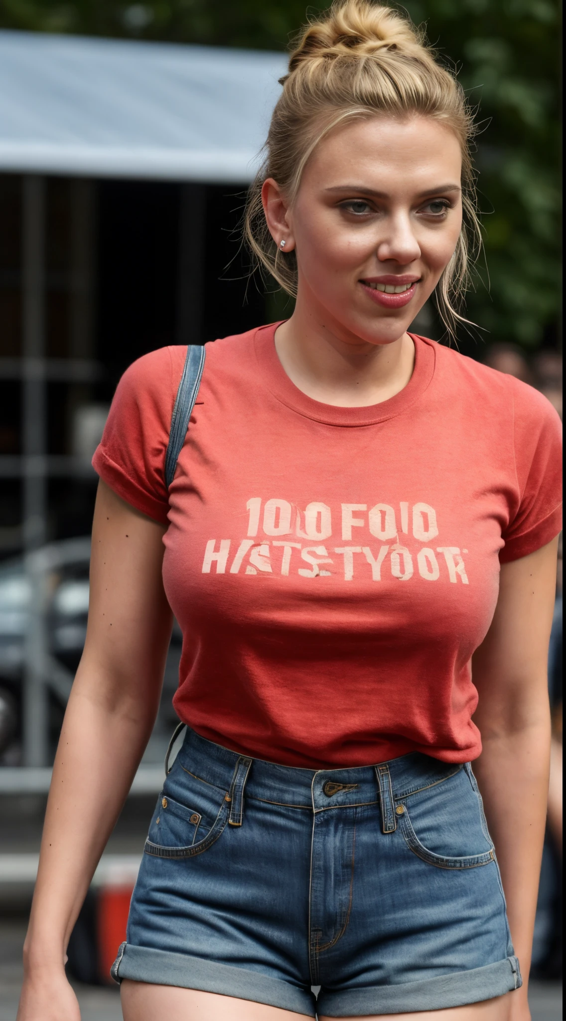 ( random photograph  of  Scarlett Johansson )( full body shot, random:1.4, gorgeous, hottest, tattooed woman, large breasts, denim, solo, ponytail,  shorts, Tall woman, red color lose big t-shirt, , tall woman ) (insanely detailed skin texture, attractive texture,pores) [depth of fields]  ((perfect body parts, (hyper photorealistic) 85mm, 100mm lens ))