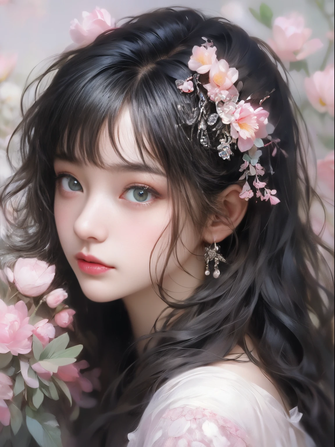 ladies and bouquet,Portrait close-up,She looked at me with very beautiful and kind eyes.Detailed Schneider pastel inks, Soft and wonderful, Fluffy, (Extremely Delicately Beautiful), (perfect detail)、(pastel colour),Soft texture:1.2.(On a table, Best quality), (Eyes are delicate and beautiful), (dark bright eyes),(detailed eyes and detailed face),(black silk hair), (Black hair like a spring),The color is also significantly brighter.Pale blurry silhouette,surrounded by many flowers