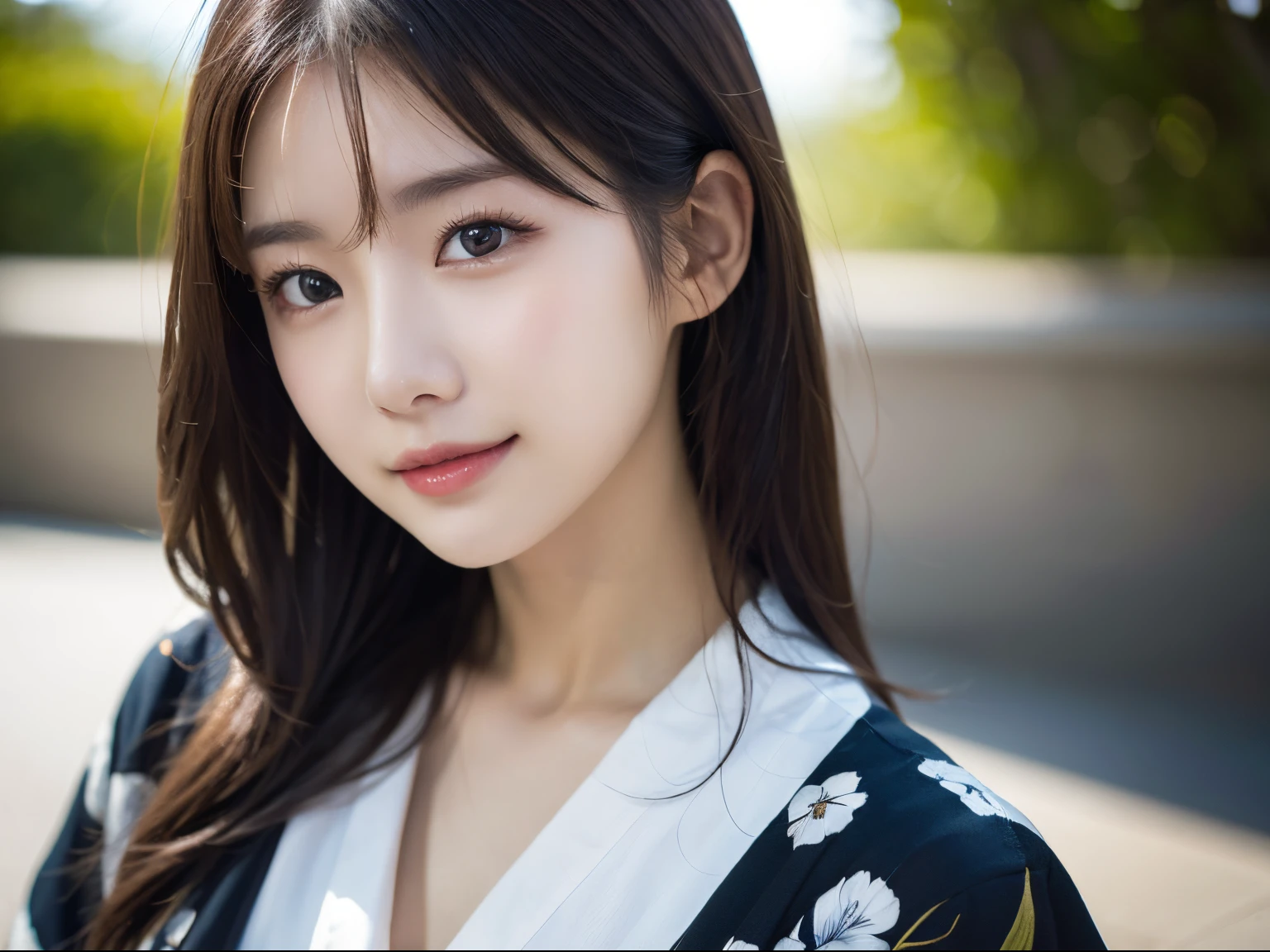 ((Kimono))、randome pose、(top-quality,masterpiece:1.3,超A high resolution,),(ultra-detailliert,Caustics),(Photorealsitic:1.4,RAW shooting,)Ultra-realistic capture,A highly detailed,High resolution 16K human skin close-up、 Skin texture is natural、、The skin looks healthy with an even tone、 Use natural light and color,女の子1人,japanes,24 year old,kawaii,A dark-haired,Middle hair,,smil,,(depth of fields、chromatic abberation、、Wide range of lighting、Natural Shading、)、