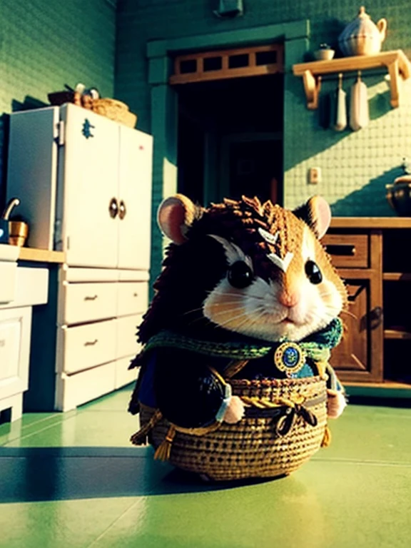ZhenXian\(wanou\), a cute hamster illustration, brave warrior, medieval style, 3d animation, enormous kitchen for background, Blurry background, Rpg game