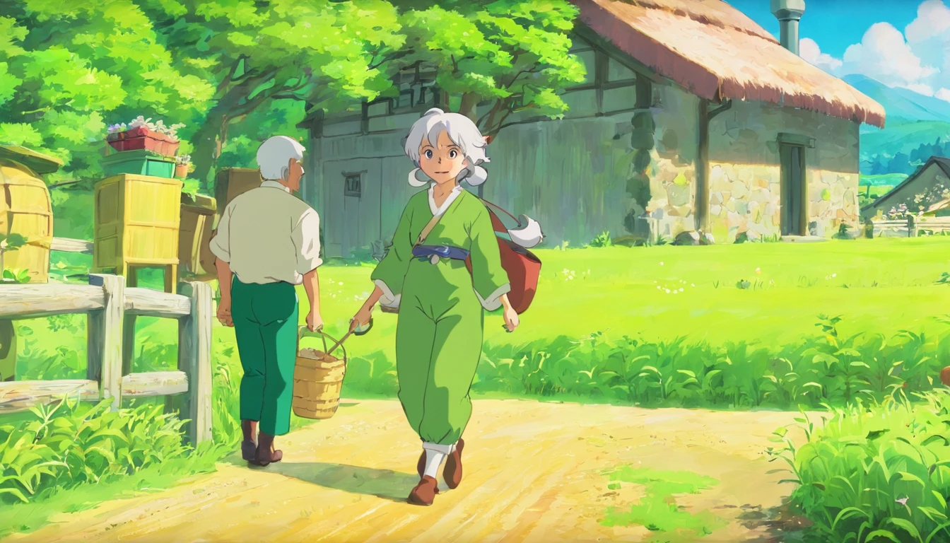 Grandmother,white color hair,Green clothes,Green pants,Inside the farm,A calf,