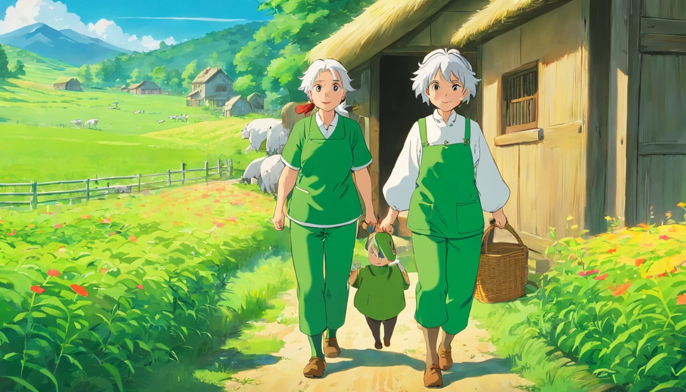 Grandmother,white color hair,Green clothes,Green pants,Inside the farm,A calf,