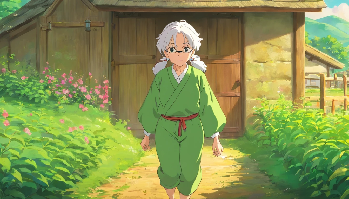 Grandmother,white color hair,Green clothes,Green pants,Inside the farm,A calf,