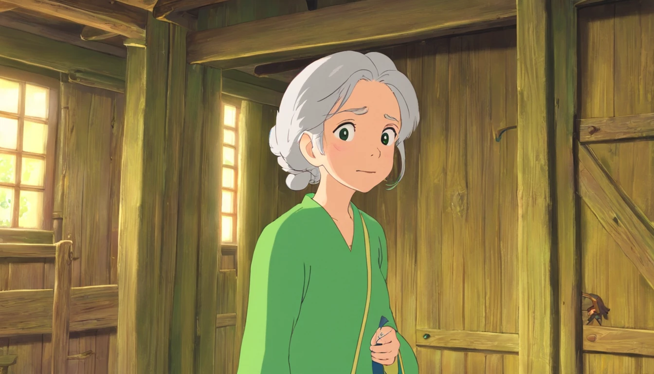 Grandmother，70 years old，Green clothes，Green pants，Inside the farm，Close-up，Only the head，Face