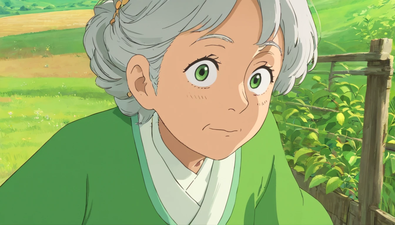 Grandmother，70 years old，Green clothes，Green pants，Inside the farm，Close-up，Only the head，Face