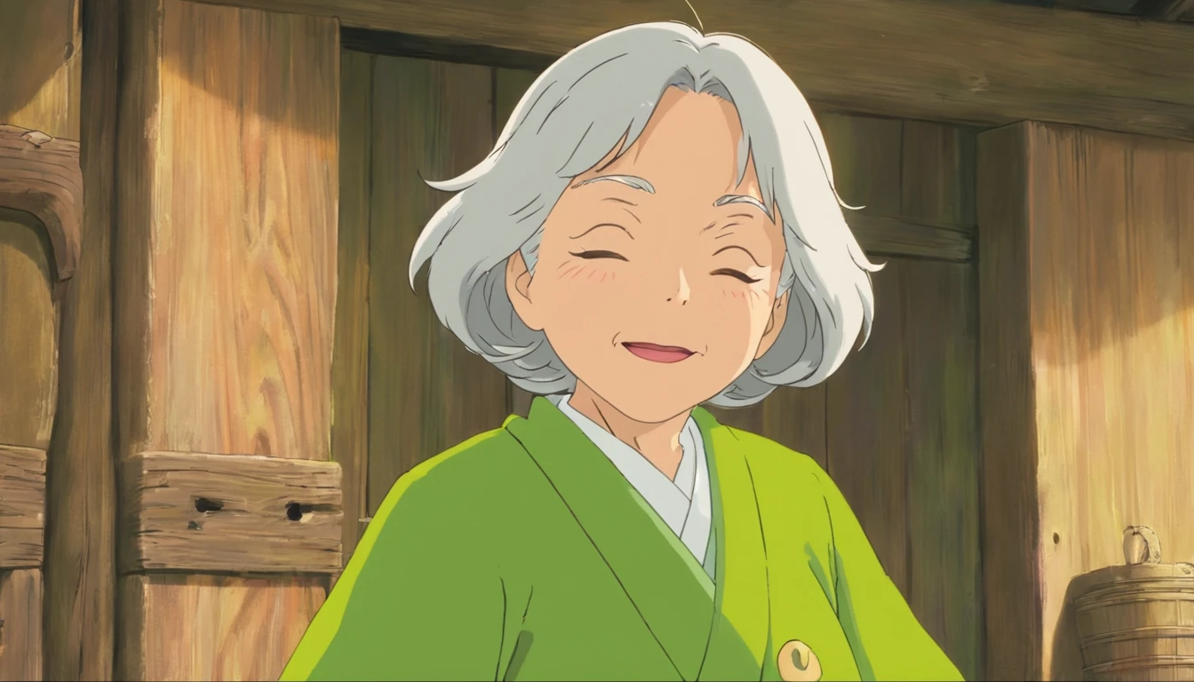 Grandmother,70 years old,Green clothes,Green pants,Inside the farm,Close-up,Only the head,Face