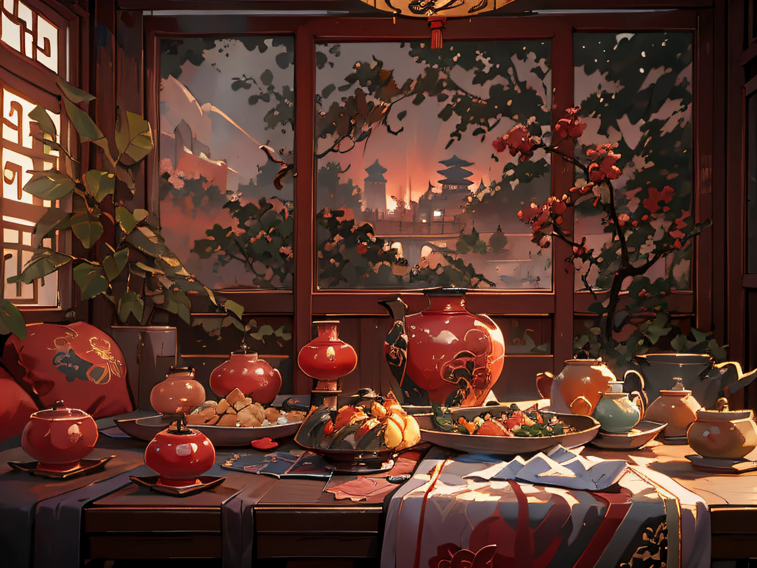 dinner,Eat around the table,lots of delicious food,Manchu seats,Exquisite home,Rich details,Ancient Chinese Ming Dynasty style,Quiet and elegant atmosphere,The painting style is delicate and soft,Cinematic lighting,high-definition picture quality,the soft light,dingdall effect,Fantastic and magical,Rich details,Refer to Gu Kaizhi,32K,High Picture Quality,High resolution ancient Chinese Ming Dynasty style,Quiet and elegant atmosphere,Red tone is the keynote,The painting style is delicate and soft,电影灯光,high-definition picture quality,the soft light,dingdall effect,Wonderful and magical,Rich details,Refer to Gu Kaizhi,32K,High Picture Quality,A high resolution,(Very detailed CG unified 8k wallpaper)