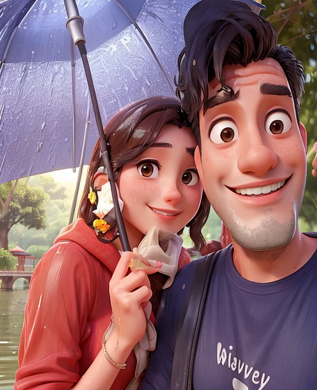 there is a man and woman that are under an umbrella, lovely couple, with wet faces!!, in love selfie, jayison devadas, connected with hanging bridge!!, taken with the best dlsr camera, happy couple, by Max Dauthendey, couple, at a park, with lovely look, selfie photography, after rain and no girls