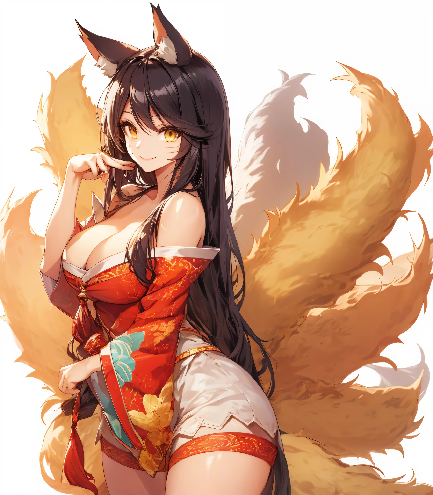 big breasts enchanting, Large breasts, ((Cleavage is seductive))，tmasterpiece,Best quality at best,1个Giant Breast Girl,yellow-eyed,long whitr hair,(ahri),brunette color hair,Permanent,Nine tails,ssmile,natural,hair adornments,Animal ear,bru,Best quality at best,1 plump girl,inksahli,Multi-tailed , Foxtail, forked tail, nine furry tails, seduct smile, ((Blank background))