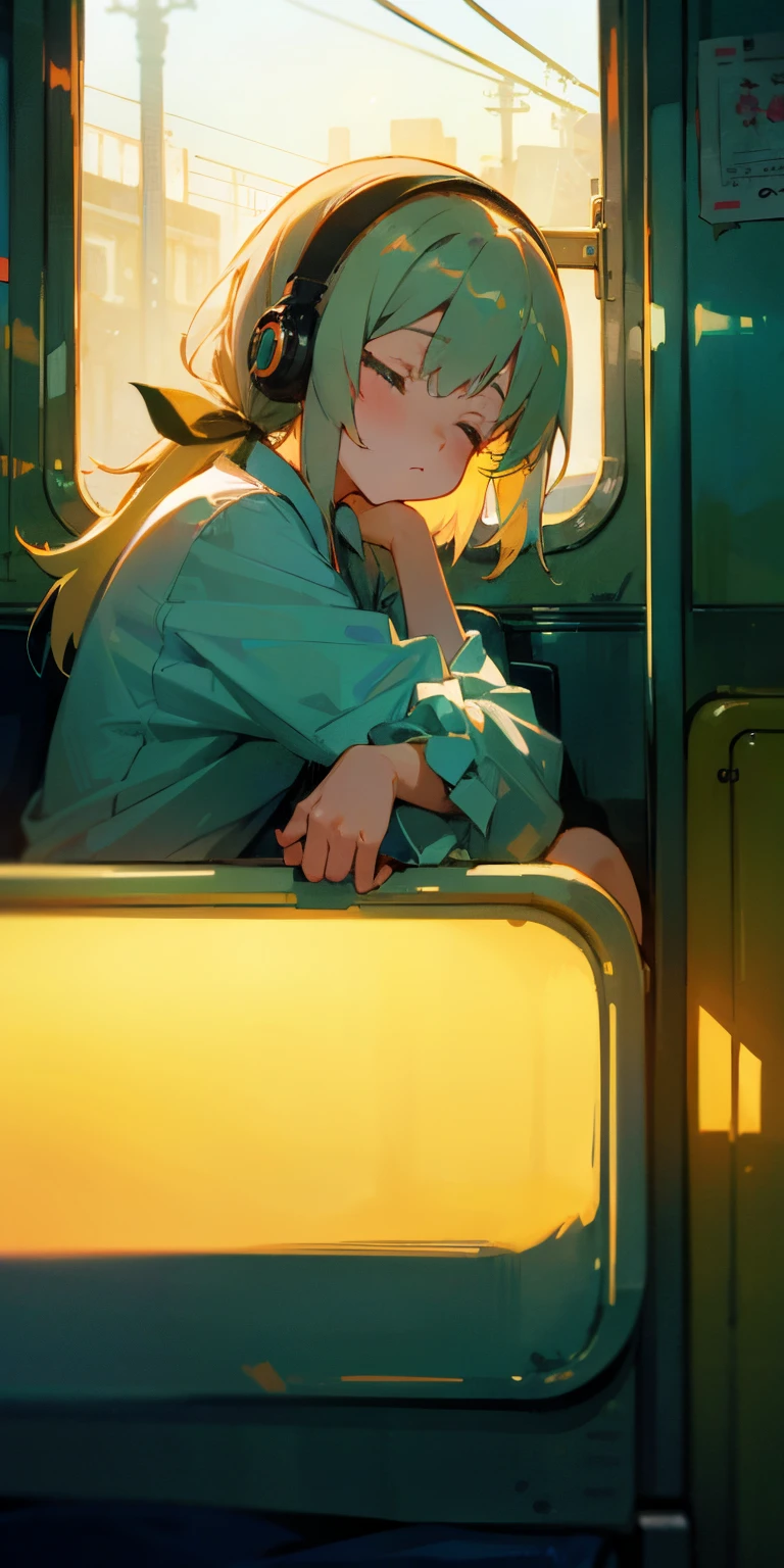 girl inside a train, eyes closed, arms crossed, sleeping, lofi style, sitting, white big sized shirt, looking at the window view, green tied pony hair, breakdomain, headphone listening to music, nice shot ose,Neon Light,