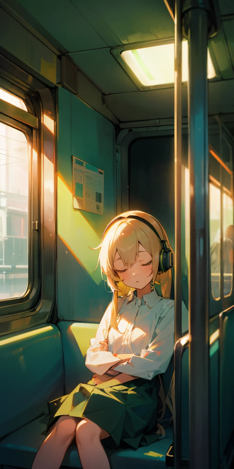 girl inside a train, eyes closed, arms crossed, sleeping, lofi style, sitting, white big sized shirt, looking at the window view, green tied pony hair, breakdomain, headphone listening to music, nice shot ose,Neon Light,