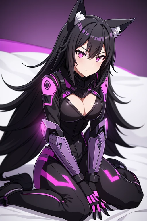 female, black hair, wolf ears, wolf tail, silver eyes, black and purple full body cyberpunk suit, fur trim, cleavage, magenta trim, futuristic gloves, futuristic boots