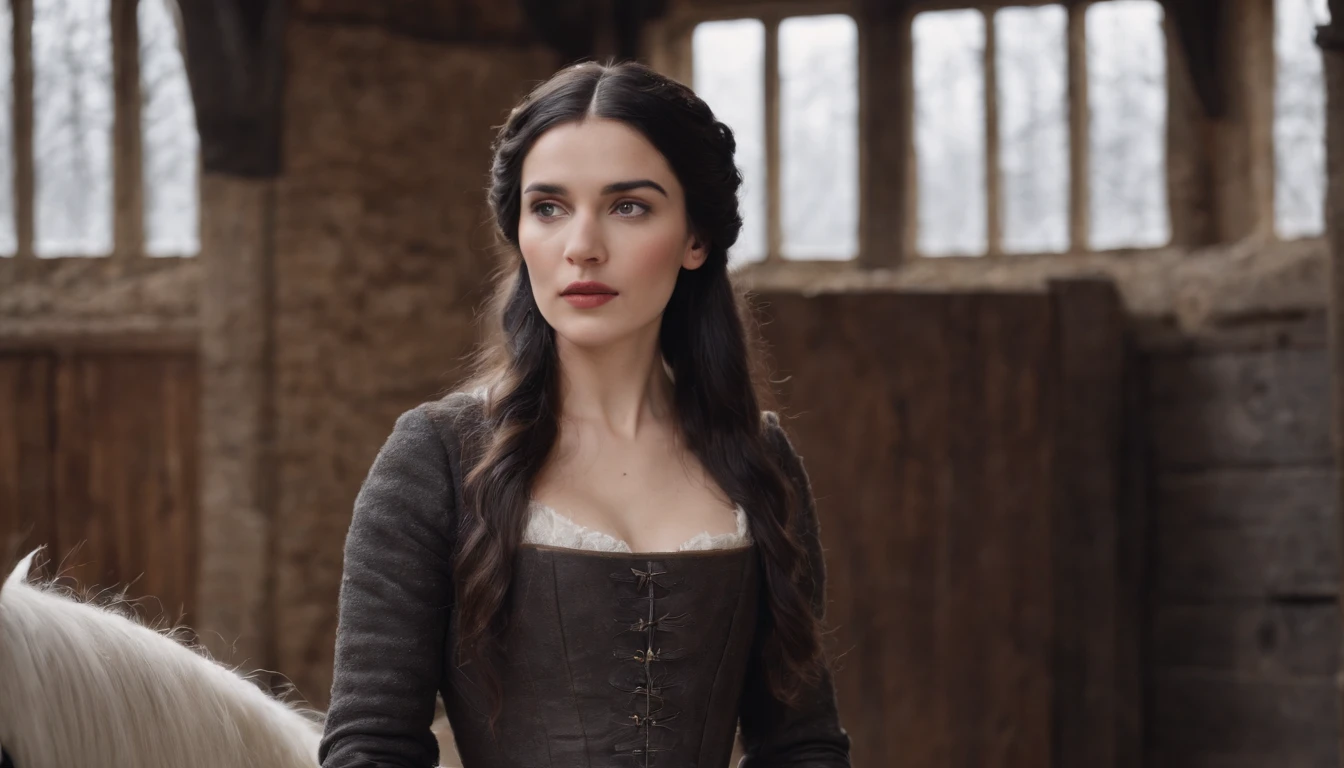interior of stall of a medieval hungarian horse stables in winter, young medieval woman with black hair and brown eyes, wearing a winter riding gown, snow outside, day, gothic, suspense, 8k, cinematic scene from period film, cinematic, in the style of cinematographer Dion Beebe