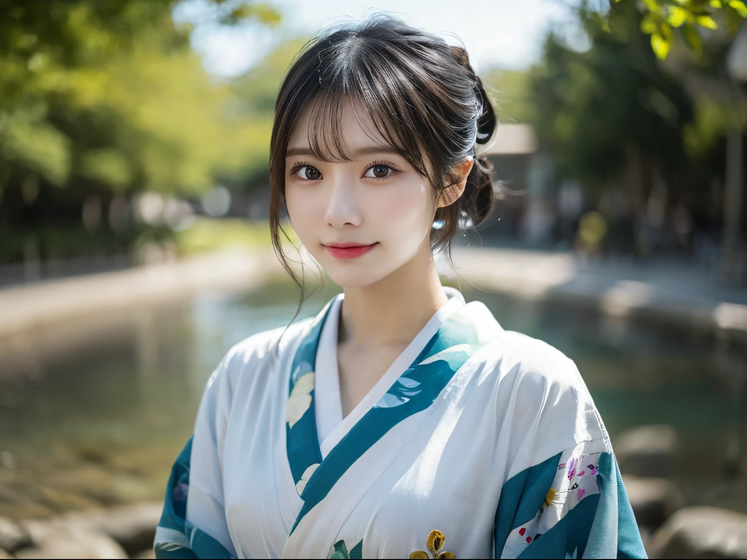 ((Kimono))、randome pose、(top-quality,masterpiece:1.3,超A high resolution,),(ultra-detailliert,Caustics),(Photorealsitic:1.4,RAW shooting,)Ultra-realistic capture,A highly detailed,High resolution 16K human skin closeup、 Skin texture is natural、、The skin looks healthy with an even tone、 Use natural light and color,女の子1人,japanes,24 year old,kawaii,A dark-haired,Middle hair,,smil,,(depth of fields、chromatic abberation、、Wide range of lighting、Natural Shading、)、