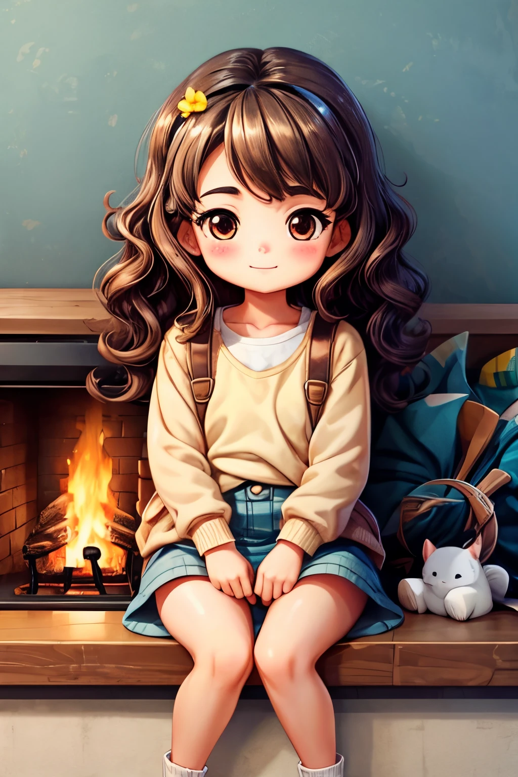 a five years girl、A smile、short non-binary person, wavy brown eyes and hair、Simple modern living room background with fireplace