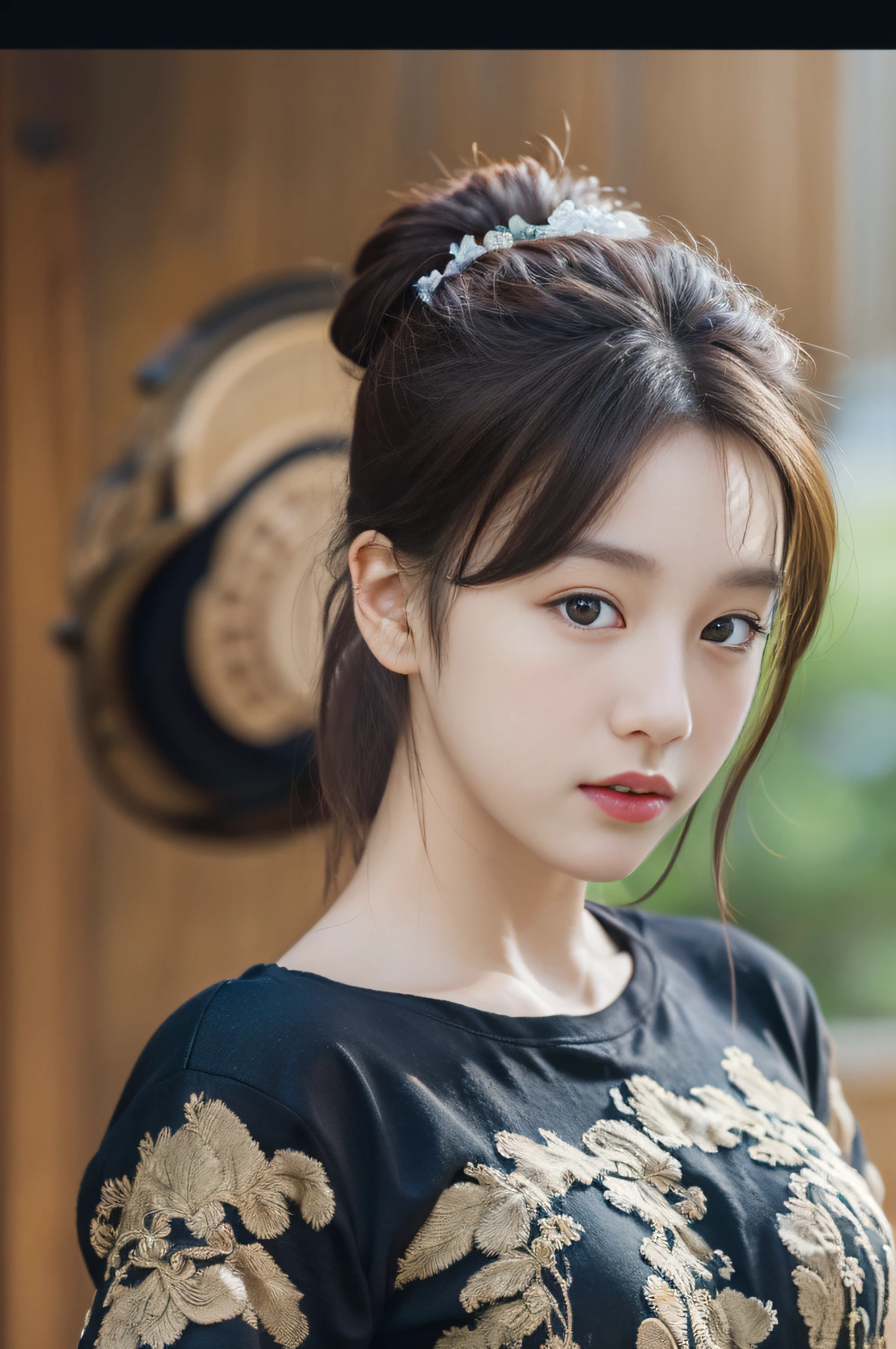 ( (8K:1.27), Best Quality, Masterpiece, The ultra-Highres:1.2) photo beautiful korean girl (beauty:1.1) (tee shirt:1.21) Gregg Rutkowski and Alphonse Mucha design intricate elegance...., Fantasy, Detail, geometry, Gradient lighting, 1Girl, fine detailed skin, Looking at the viewer, Brown eyes, (high ponytail: 1.2), (Middle breast: 1.0), (medium areola: 0.8), (realisitic: 1.4), (Best Quality: 1.0), (The ultra-Highres: 1.0), 8K, Raw foto, (Masterpiece: 0.2), (pureerosface_v1: 0.5), hide your fingers,full body shots