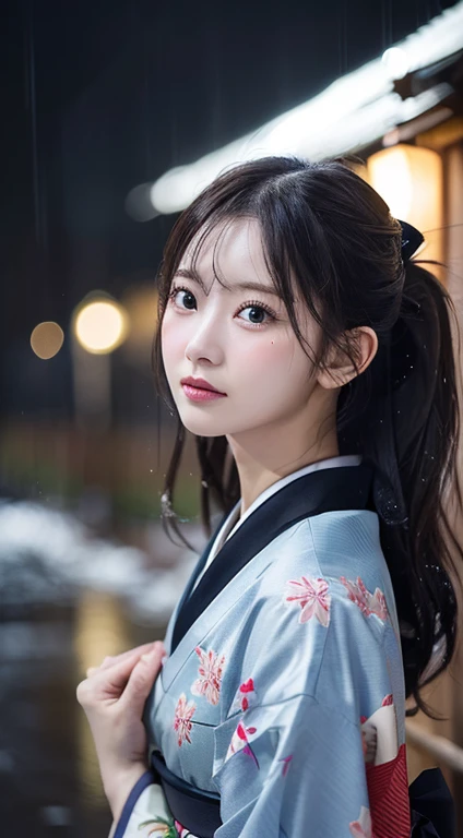 (Kimono)、(top-quality,masterpiece:1.3,超A high resolution,),(ultra-detailliert,Caustics),(Photorealsitic:1.4,RAW shooting,)Ultra-realistic capture,A highly detailed,high-definition16Kfor human skin、 Skin texture is natural、、The skin looks healthy with an even tone、 Use natural light and color,One Woman,japanes,,kawaii,A dark-haired,Middle hair,(depth of fields、chromatic abberation、、Wide range of lighting、Natural Shading、)、(Exterior light at night:1.4)、(Falling snow:1.2)、(Hair swaying in the wind:1)、(Light reflecting rain:1.3)