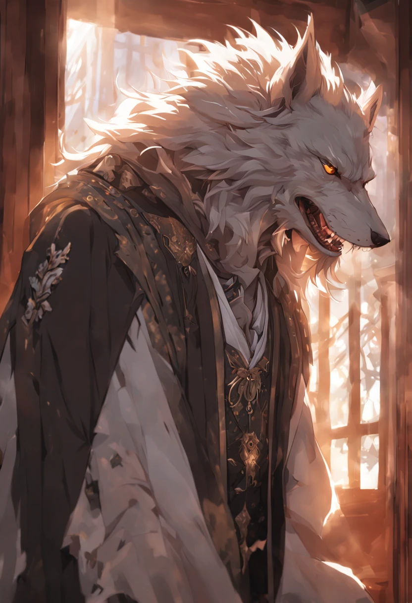 (higher resolution, distinct_image) The best quality, a man, white werewolf, masterpiece, highly detailed, anime style, nekojishi style, arknights, 70 years old, beautiful, old, handsome, medieval clothing, collar on neck, interior, window, wake up, morning, blush, smiling