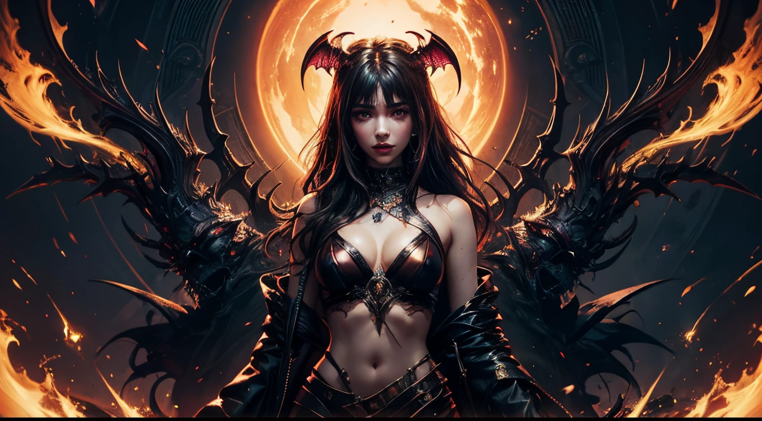 filmposter，hyper HD，A high resolution，A succubus with the face of Emily Rudd: Dua Lipa, Sensual posture, (bust：1.8) concept-art, dark fantasy background, abstract beauty, the ultra-detailed, brome style