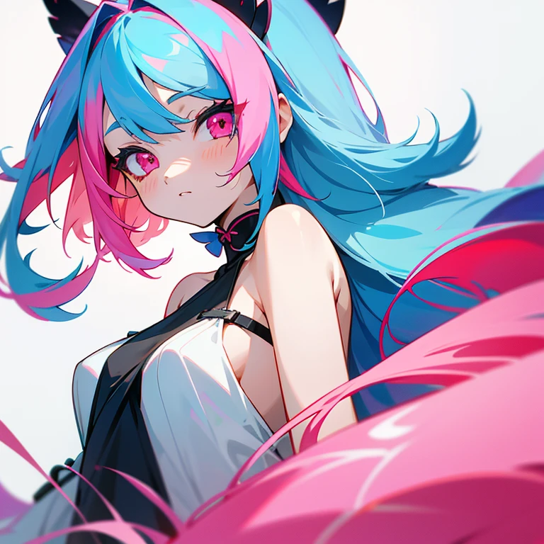 1girl, 独奏, length hair, O cabelo multicolorido, Look at viewers, bare shoulders, Colorful, red eyes, blue hairs,, bangss, striated hair, Pink eyes, A pink-haired, Colored skin,Simple isolated on white background,in sticker style,Contrasty